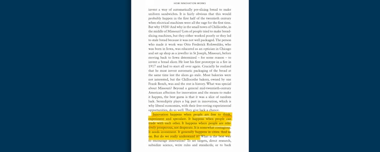 A page from a book with a section of text highlighted in yellow. The highlighted passage discusses the nature of innovation and the conditions that foster it, such as freedom to think, experiment, and the ability to trade ideas. The text appears in a serif font on a white background, bordered by a dark blue margin.